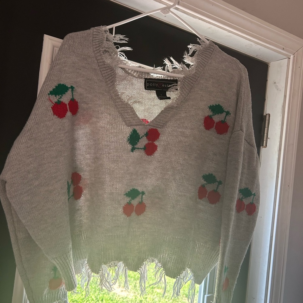Polly & Esther V-Neck Gray Sweater with Cherry Design
